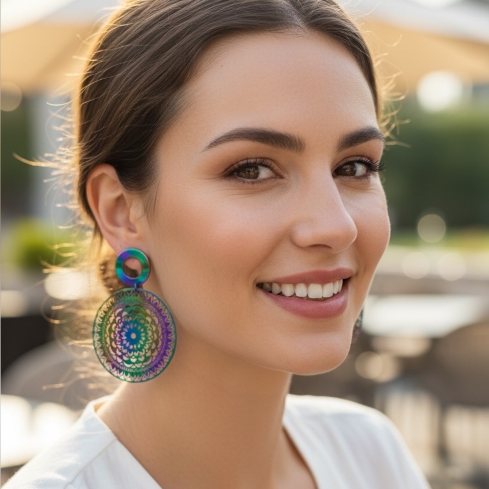 Oil slick medallion dangle post earrings
